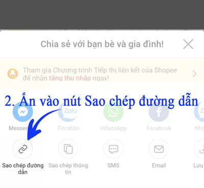 Ấn sao chép liên kết trên app Shopee